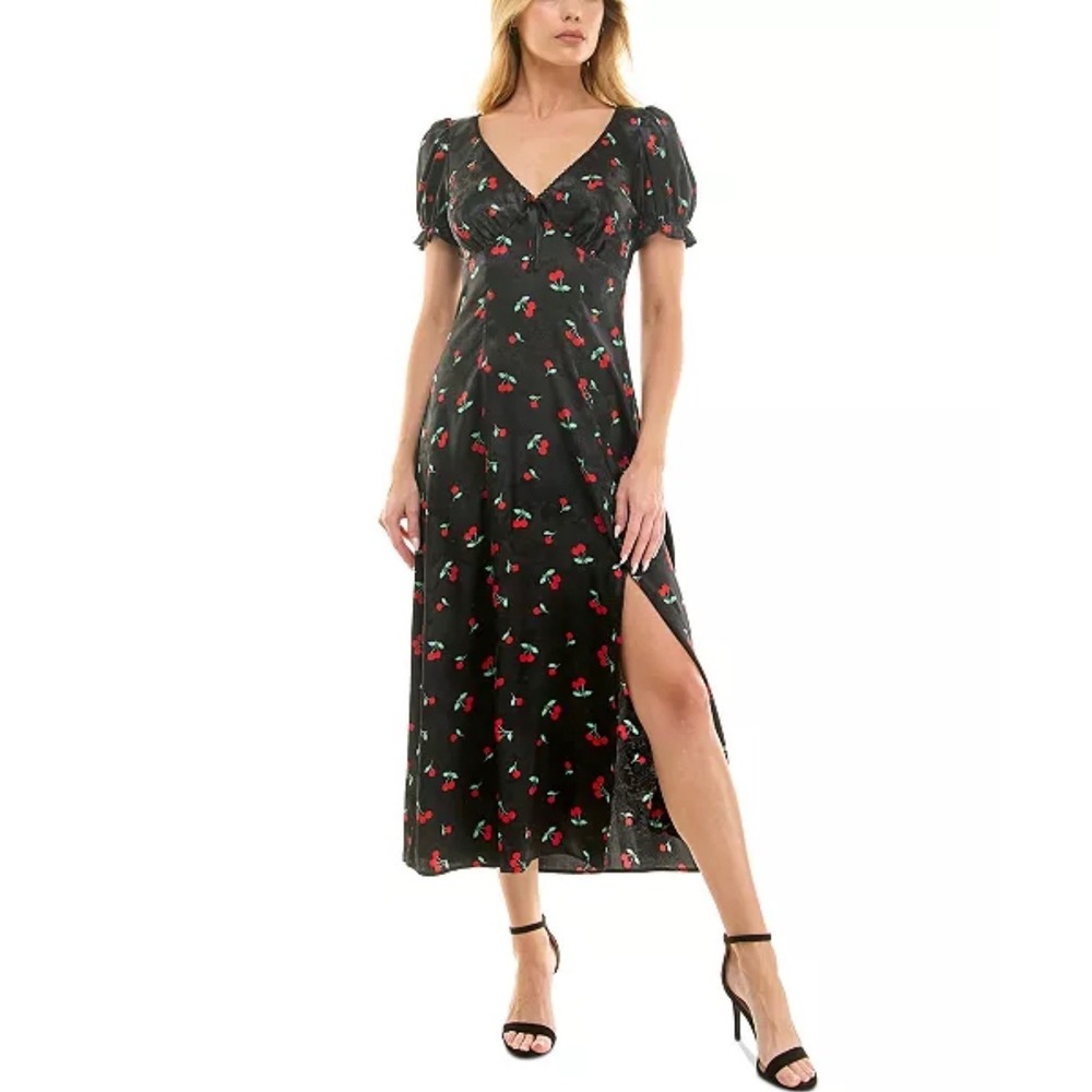 Crystal Doll Black Cherry Print Satin Jacquard Midi Dress Puff Sleeve Womens M